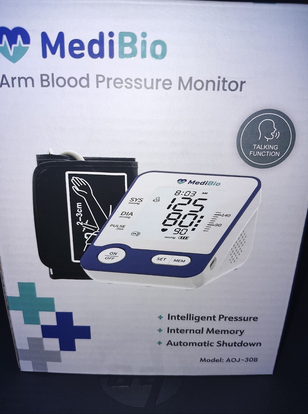 White and Blue Arm Blood Pressure Monitor with Talking Function